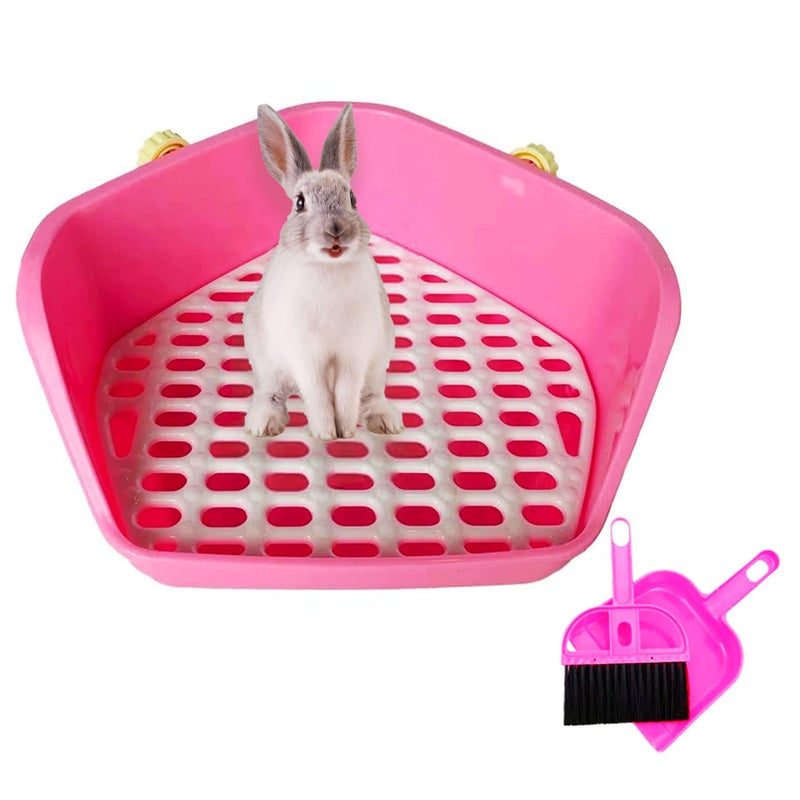 kathson Rabbit Litter Box Pet Toilet Cage Box Potty Trainer Corner with Small Animal Cage Cleaner Broom Brush Dustpan for Bunny Chinchilla Guinea Pig Ferret (Pink) - Image 1